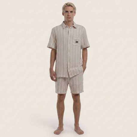 Chemise en coton mélangé beige à coupe droite ornée d'un motif à rayures - Image 4