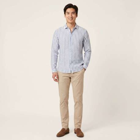 Chemise en lin et coton bleue à rayures pourvue d'un col français - Image 4