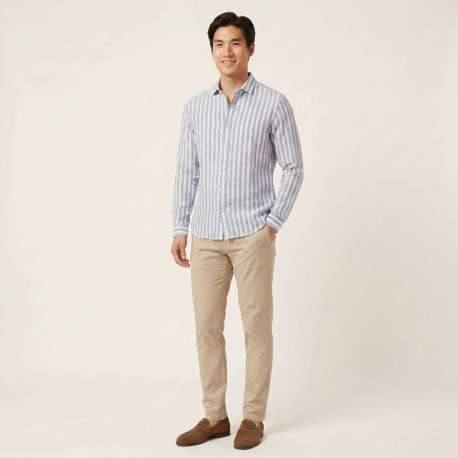 Chemise en lin et coton bleue à rayures pourvue d'un col français - Image 5