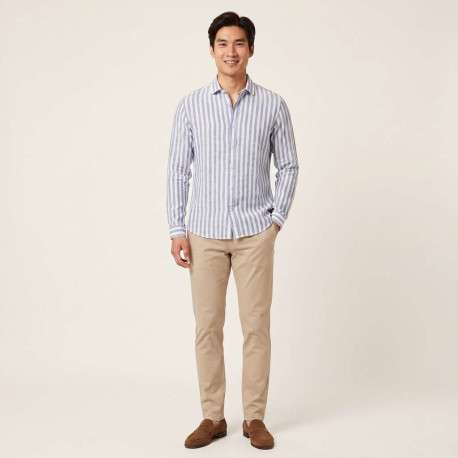 Chemise en lin et coton bleue à rayures pourvue d'un col français - Image 6