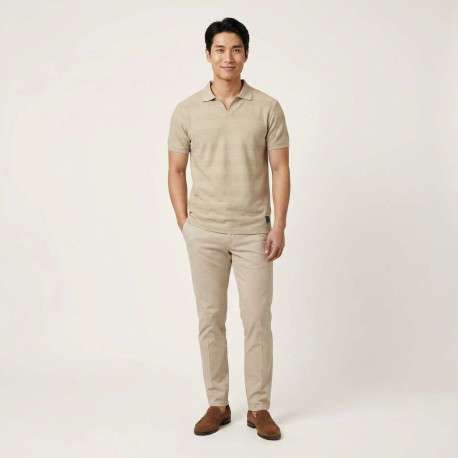 Polo en coton beige à rayures avec une coupe droite et un col à revers - Image 4