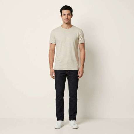 T-shirt en coton beige uni avec une coupe droite et un col rond - Image 4