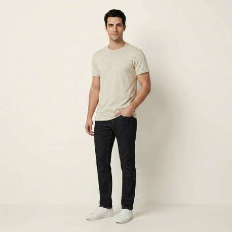 T-shirt en coton beige uni avec une coupe droite et un col rond - Image 5