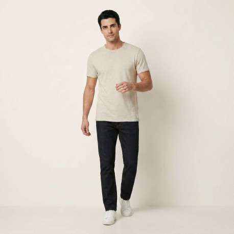 T-shirt en coton beige uni avec une coupe droite et un col rond - Image 6