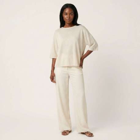 Pull beige uni pourvu d'une coupe ample et de manches courtes - Image 5
