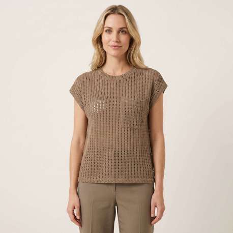 T-shirt en coton taupe uni avec une coupe droite et un col rond - Image 4