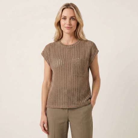 T-shirt en coton taupe uni avec une coupe droite et un col rond - Image 6