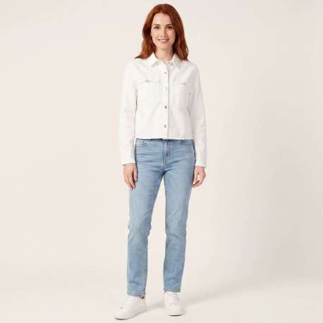 Blouson en jean en coton blanc uni pourvu d'une coupe droite et d'un col chemise - Image 4