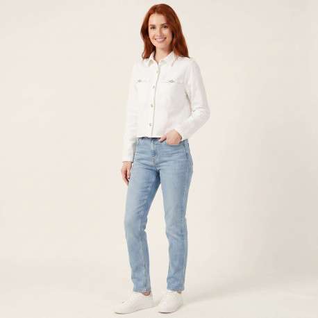 Blouson en jean en coton blanc uni pourvu d'une coupe droite et d'un col chemise - Image 5