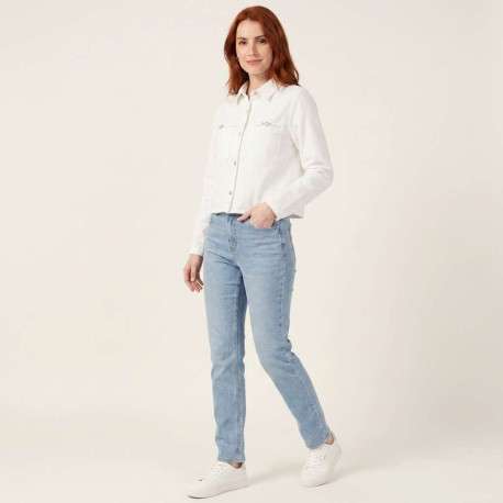 Blouson en jean en coton blanc uni pourvu d'une coupe droite et d'un col chemise - Image 6