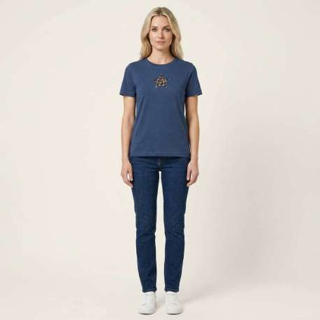 T-shirt en coton bleu à imprimé avec une coupe droite et un col rond - Image 4