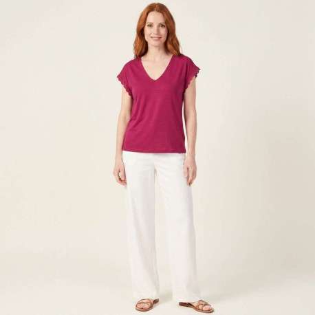 T-shirt fuchsia uni pourvu d'une coupe droite et de manches en dentelle - Image 2