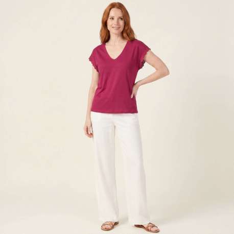 T-shirt fuchsia uni pourvu d'une coupe droite et de manches en dentelle - Image 3