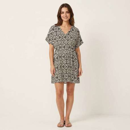 Robe courte écrue à motifs avec un col V et des manches courtes - Image 2