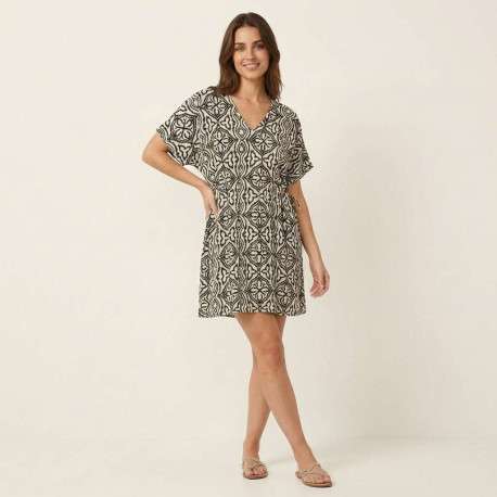 Robe courte écrue à motifs avec un col V et des manches courtes - Image 3