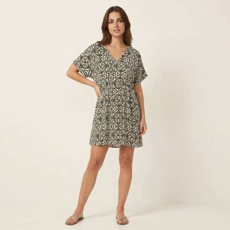 Robe courte écrue à motifs avec un col V et des manches courtes - Image 4
