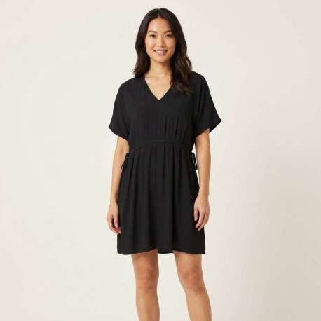 Robe courte noire à coupe droite pourvue d'un col v et de manches courtes - Image 2