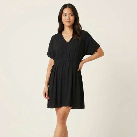 Robe courte noire à coupe droite pourvue d'un col v et de manches courtes - Image 4