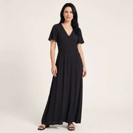 Robe longue noire unie pourvue d'une coupe évasée et de manches courtes - Image 2