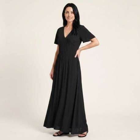 Robe longue noire unie pourvue d'une coupe évasée et de manches courtes - Image 3