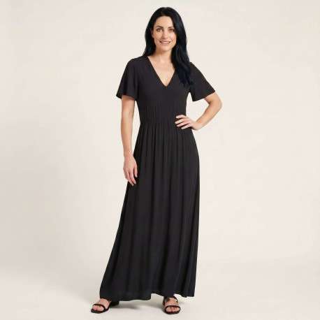 Robe longue noire unie pourvue d'une coupe évasée et de manches courtes - Image 4