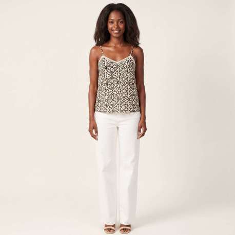 Top beige à motifs avec une coupe droite sans manches avec des bretelles - Image 6