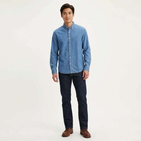 Chemise en coton bleue à coupe droite pourvue d'une col boutonné - Image 3