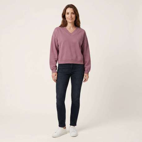 Sweat en coton mélangé mauve uni avec une coupe droite et un col v - Image 4