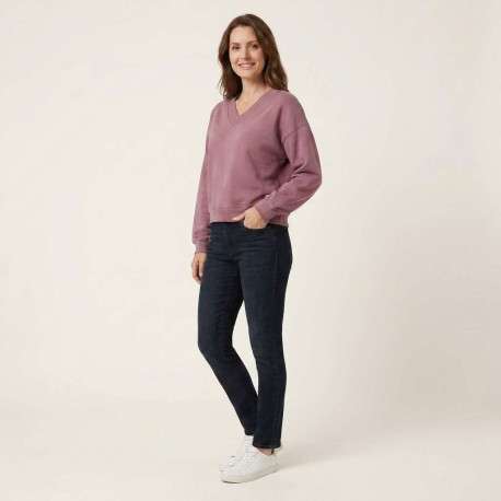 Sweat en coton mélangé mauve uni avec une coupe droite et un col v - Image 5