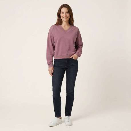 Sweat en coton mélangé mauve uni avec une coupe droite et un col v - Image 6
