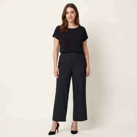 Pantalon noir uni avec une coupe bootcut et une taille élastiquée - Image 3