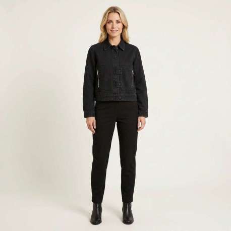 Blouson en Jean noir uni en coton avec une coupe droite et un col à revers - Image 3