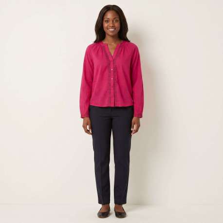 Blouse en coton biologique fuchsia unie pourvue d'un col tunisien - Image 4