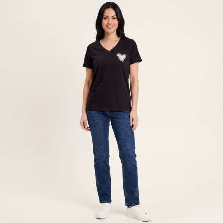 T-shirt en coton biologique noir uni pourvu d'un coeur imprimé sur la poitrine - Image 3