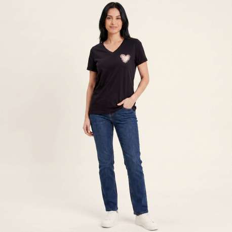 T-shirt en coton biologique noir uni pourvu d'un coeur imprimé sur la poitrine - Image 4