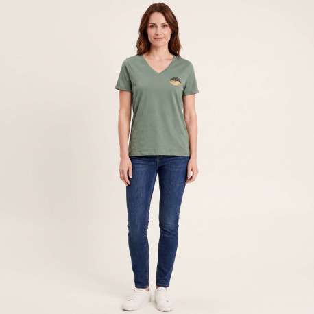 T-shirt en coton biologique vert uni pourvu d'un bisou imprimé sur la poitrine - Image 3