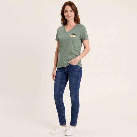 T-shirt en coton biologique vert uni pourvu d'un bisou imprimé sur la poitrine - Image 4