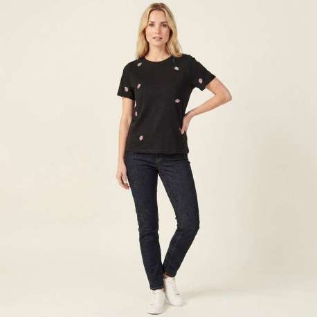 T-shirt en coton biologique noir uni avec une coupe ajustée et un col rond - Image 5