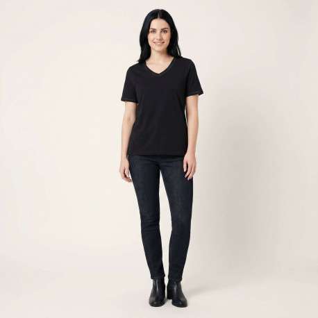 T-shirt noir uni avec une coupe ajustée un col v et des manches courtes - Image 3