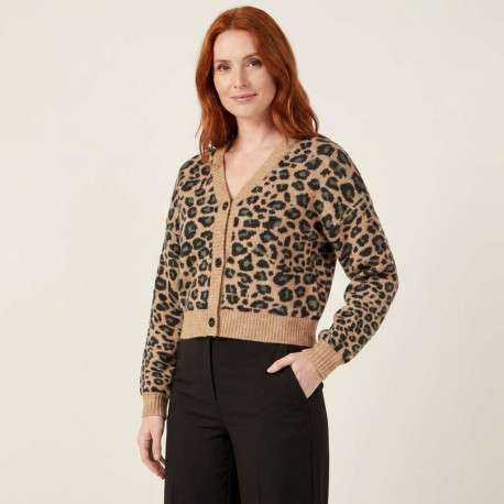 Cardigan camel léopard avec une coupe ajustée à col v et des manches longues - Image 7