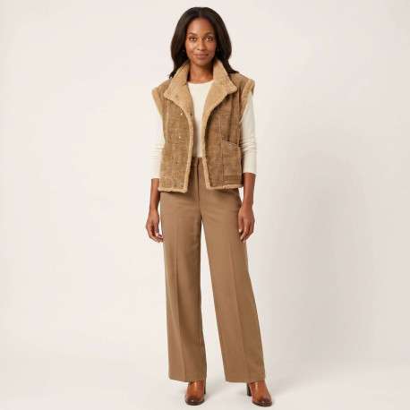 Gilet beige uni avec une coupe droite à col rond et sans manches - Image 2