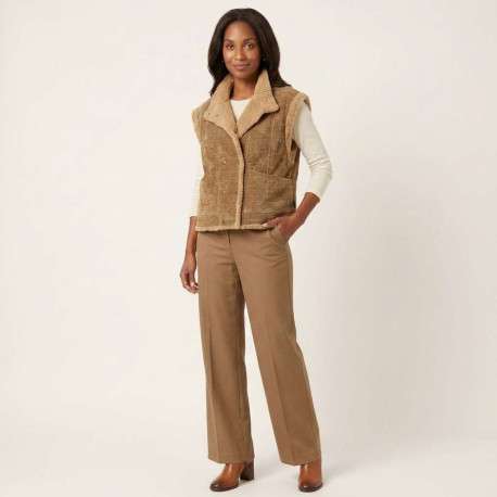Gilet beige uni avec une coupe droite à col rond et sans manches - Image 3