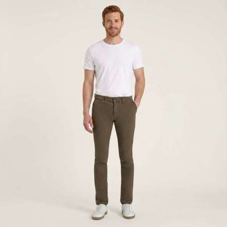 Pantalon Chino en coton mélangé taupe uni avec coupe slim et passants - Image 2
