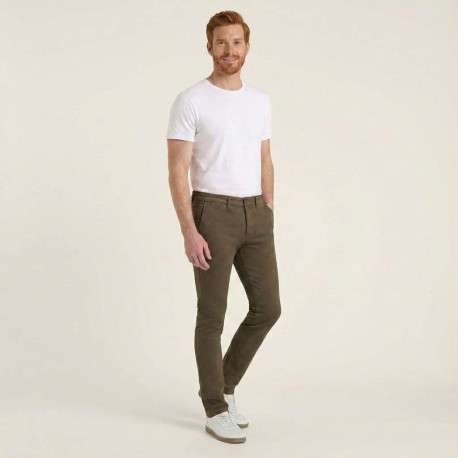Pantalon Chino en coton mélangé taupe uni avec coupe slim et passants - Image 3