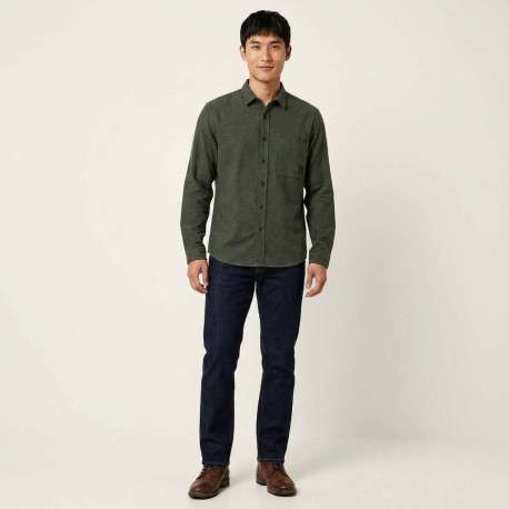 Chemise en coton kaki unie avec une coupe droite et un col français - Image 2