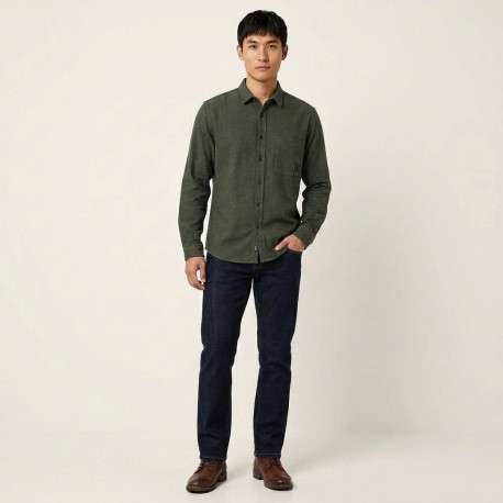 Chemise en coton kaki unie avec une coupe droite et un col français - Image 4