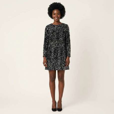 Robe courte noire avec sequins argentés brodés et manches longues - Image 2