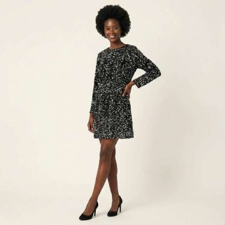 Robe courte noire avec sequins argentés brodés et manches longues - Image 3