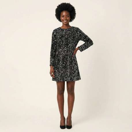 Robe courte noire avec sequins argentés brodés et manches longues - Image 4