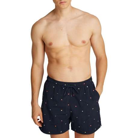 Short de bain marine avec drapeaux brodés all-over et taille élastiquée - Image 3